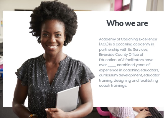 who we are description with an African american teacher smiling next to the text box